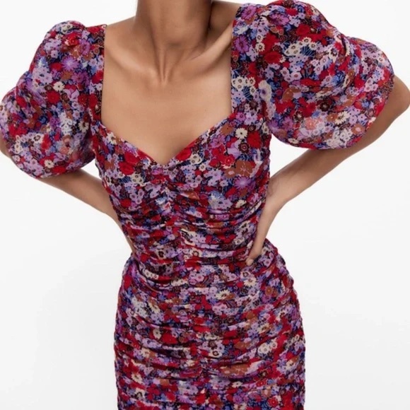 Zara Floral Printed Ruched Mini Dress - Picture 3 of 6
